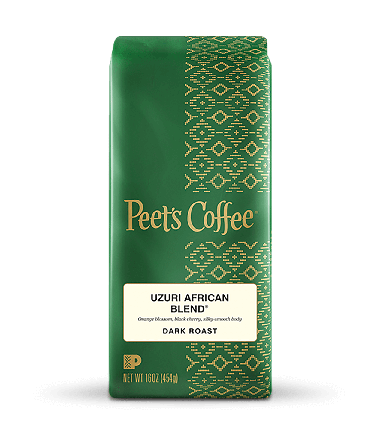 Peet's Coffee Uzuri African Blend® Dark Roast Coffee beans in a green 16 ounce bag